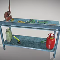 Blue Workbench with Shelf Red Gas Cylinder Yellow Tool Green Items and Tools
