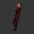 Woman With Pink Hair In Red Black Bodysuit Standing Confidently With Crossed Legs And Swords