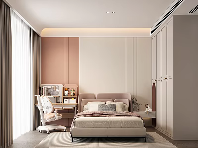 Modern Kids Room Interior Design With Bed Desk Chair And Wardrobe 3d model
