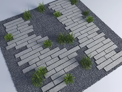 Natural Stone Stepping Stones Path With Gravel Ground And Green Grass Plants 3d model