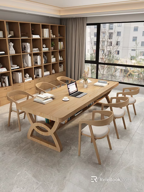 Modern Study Room Interior Design With Wooden Long Table Chairs Bookshelves And Laptop 3d model 