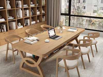 Modern Study Room Interior Design With Wooden Long Table Chairs Bookshelves And Laptop 3d model