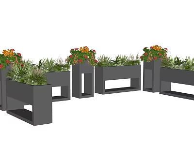 Modern Gray Flower Planters With Colorful Flowers And Green Plants 3d model