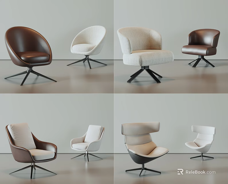 Modern Accent Chairs Featuring Leather And Fabric Upholstery With Swivel Bases In Brown And Beige 3d model 
