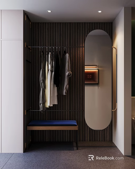 Modern Metal Clothes Hanger With Hanging Neutral Clothes And Oval Mirror 3d model 