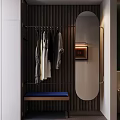 Modern Metal Clothes Hanger With Hanging Neutral Clothes And Oval Mirror