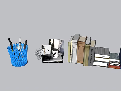 Organized Office Desk Supplies With Blue Pen Holder Stationery Books And Folders 3d model
