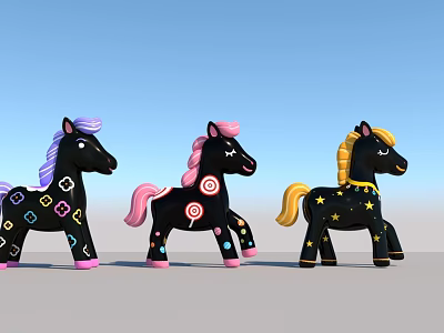 Three Black Toy Ponies with Various Decorations Purple Pink Yellow Manes and Colorful Patterns 3d model