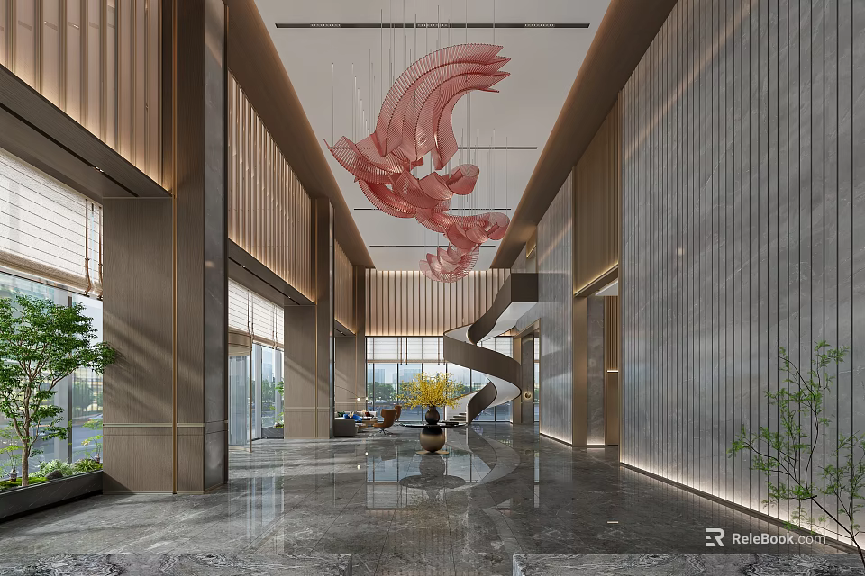 Modern Hotel Lobby Interior With Large Red Art Chandelier And Spiral Staircase 3d model 