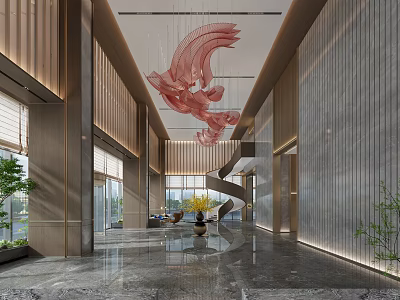 Modern Hotel Lobby Interior With Large Red Art Chandelier And Spiral Staircase 3d model