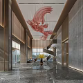 Modern Hotel Lobby Interior With Large Red Art Chandelier And Spiral Staircase