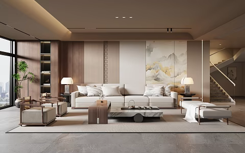 New Chinese Style Light Luxury Villa Living Room Sofa Coffee Table Combination Casual Single Chair Side Table Jewelry Ornaments Green Plant Large Flat Floor 3d model