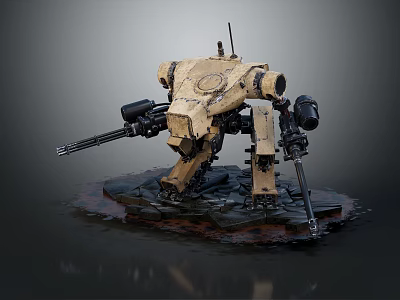 Tan Armored Smart Machine With Mechanical Arms And Tactical Weapons On Rocky Base 3d model