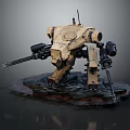 Tan Armored Smart Machine With Mechanical Arms And Tactical Weapons On Rocky Base