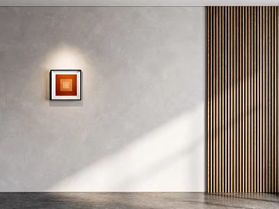Wooden Vertical Slat Wall Paneling In Modern Interior With Gray Wall Art 3d model