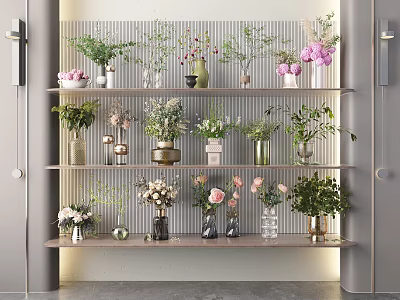 Elegant Shelf Display With Various Vases And Colorful Flowers Against Gray Striped Wall 3d model