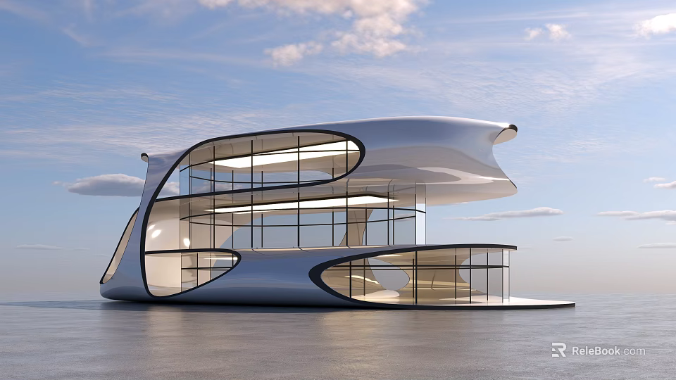 Modern Architectural Office Building With Curved Glass Facade And Open Ground 3d model 