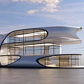 Modern Architectural Office Building With Curved Glass Facade And Open Ground