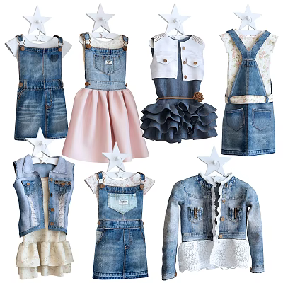 Cute Kids Denim Clothes Including Stylish Overalls Ruffled Dresses Vests And Jackets 3d model