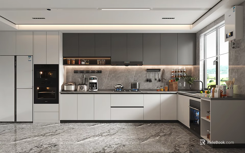 Modern Kitchen Interior With Grey White Cabinets Marble Countertops And Appliances 3d model 