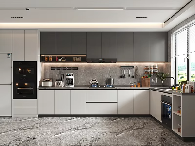 Modern Kitchen Interior With Grey White Cabinets Marble Countertops And Appliances 3d model