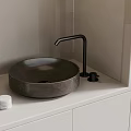 Modern Bathroom Vanity With Round Stone Basin Black Faucet And White Countertop