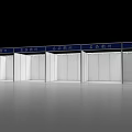 Modern Exhibition Booth With White Panels Blue Strips And Ceiling Spotlights