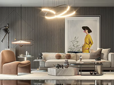 Modern Elegant Living Room Sofa And Coffee Table Set With Artwork Chandelier And Armchair 3d model