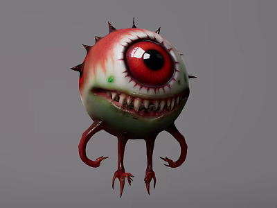Spiky One Eyed Game Movie Character With Red Eyeball Sharp Teeth And Red Legs 3d model