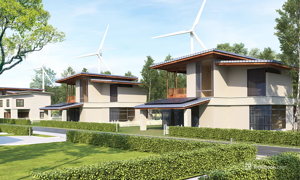 Modern Detached Villa With Wooden Roof And Wind Turbines Surrounded By Green Trees And Hedges 3d model 