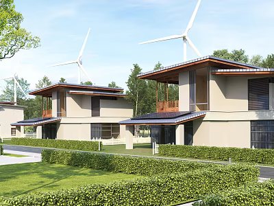 Modern Detached Villa With Wooden Roof And Wind Turbines Surrounded By Green Trees And Hedges 3d model