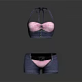 Pink Checkered Bra With Bow Detail And Denim Shorts With Black Belt