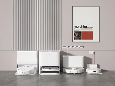 Modern Interior With White Daily Use Appliances Including Robot Vacuum Cleaners 3d model