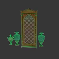 Traditional Wooden Cabinet With Lattice Window Design And Turquoise Brass Vases