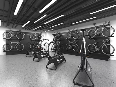 Bike Store Interior With Bicycles On Walls Floor Stands And Ceiling Lights 3d model