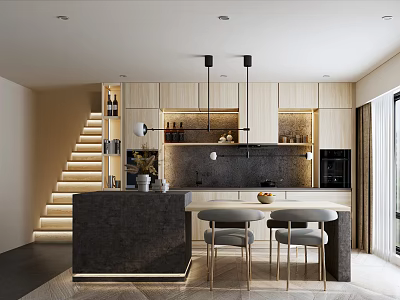 Modern Restaurant Interior with Black Island Gray Chairs Wooden Cabinets Pendant Lights and Lit Staircase 3d model