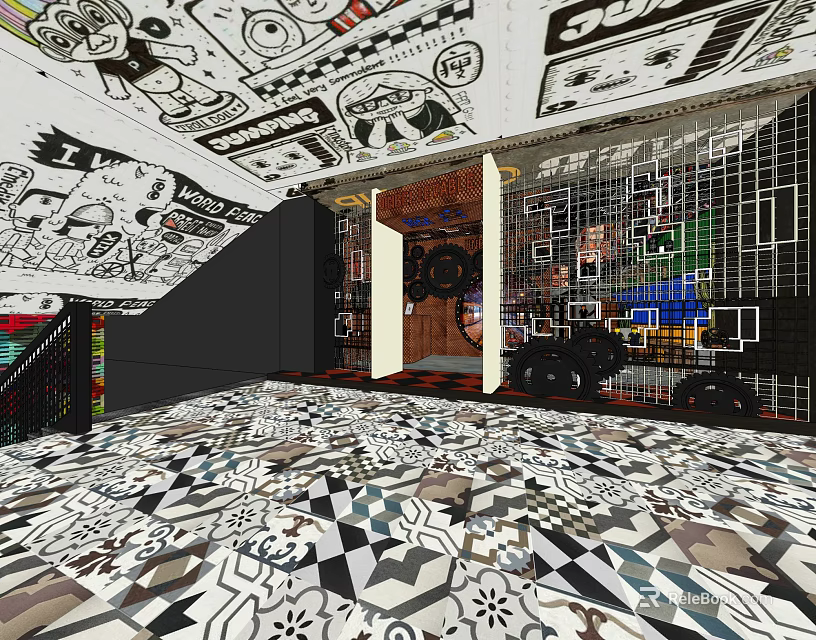 Stylish Shopping Mall Store Interior With Black White Ceiling Art And Geometric Floor Design 3d model 