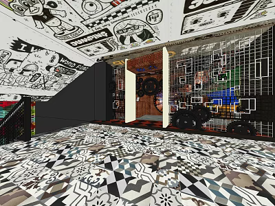 Stylish Shopping Mall Store Interior With Black White Ceiling Art And Geometric Floor Design 3d model