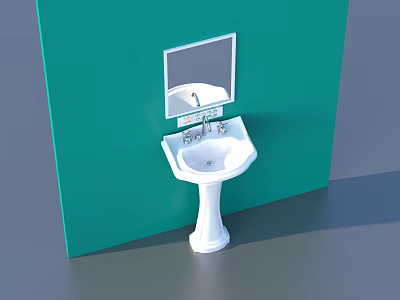 Modern White Pedestal Sink With Mirror On Green Wall Bathroom Setup 3d model