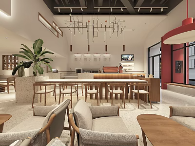 Modern Café Interior Design With Wooden Tables Chairs Hanging Lights And Indoor Plants 3d model