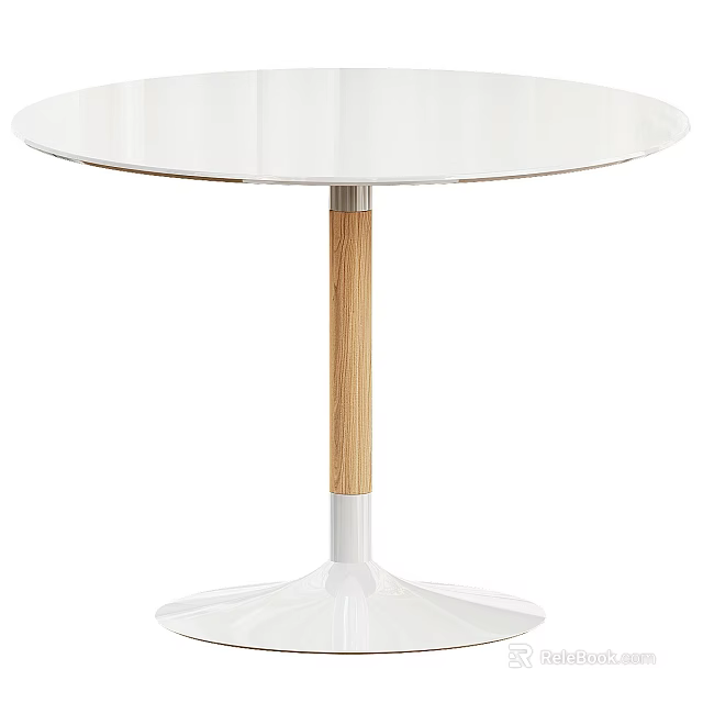 Modern Round Table With White Tabletop Wooden Leg And White Base 3d model 