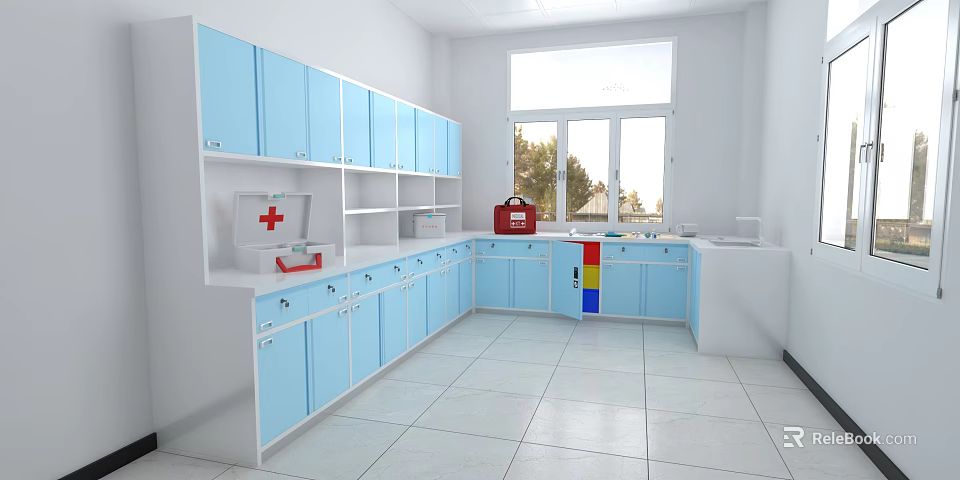 Medical Room Interior With Blue Cabinets White Countertop First Aid Kit And Window 3d model 