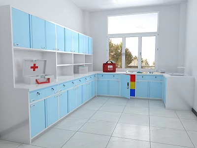 Medical Room Interior With Blue Cabinets White Countertop First Aid Kit And Window 3d model