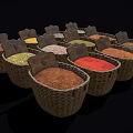 Various Colored Spices in Wicker Baskets with Labels for Daily Living