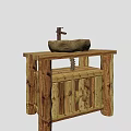 Rustic Log Style Wooden Bathroom Vanity With Two Stone Washbasins And Faucets