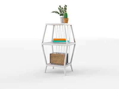 White Three Tiered Storage Shelf with Potted Plant Colorful Books and Wicker Basket 3d model