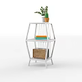 White Three Tiered Storage Shelf with Potted Plant Colorful Books and Wicker Basket