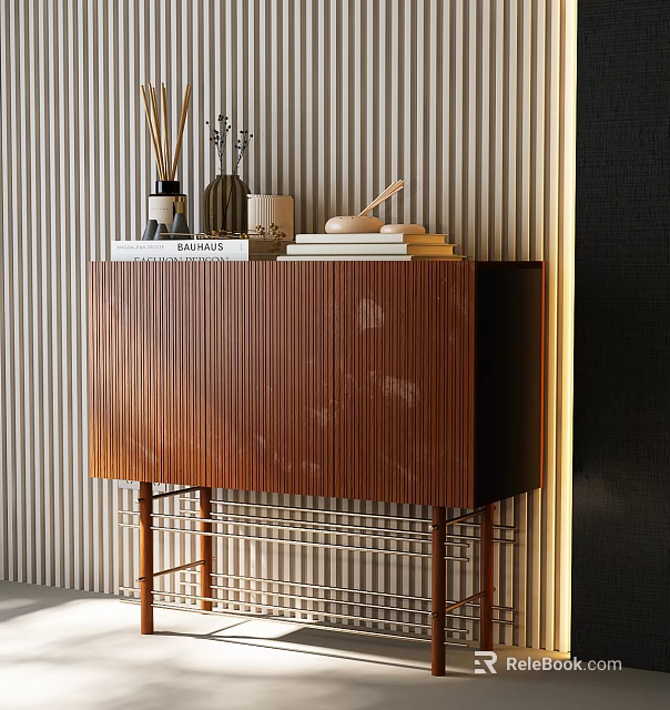Modern Entryway Console Cabinet With Brown Wood Vertical Slats Metal Legs And Decor Items On Top 3d model 