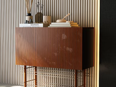 Modern Entryway Console Cabinet With Brown Wood Vertical Slats Metal Legs And Decor Items On Top 3d model