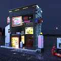 Night Street Store With Neon Lights Glass Window And Wet Ground Illuminated Signboard